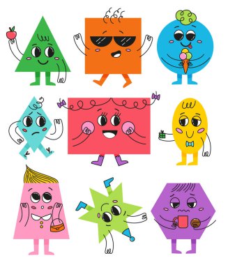 Soyut geometrik şekiller dizisi karakterler. Değişik duygular ifade eden sevimli yüzleri olan harika figürler. Farklı nesnelerle temel şekiller. Çizgi film düz vektör koleksiyonu beyaz arkaplanda izole edildi