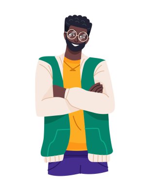 Gülümseyen mutlu insan. Sakallı Afrikalı Amerikalı adam güler, sevinir ve olumlu duygular ifade eder. Keyfi yerinde, neşeli bir karakter. Çizgi film düz vektör çizimi beyaz arkaplanda izole edildi