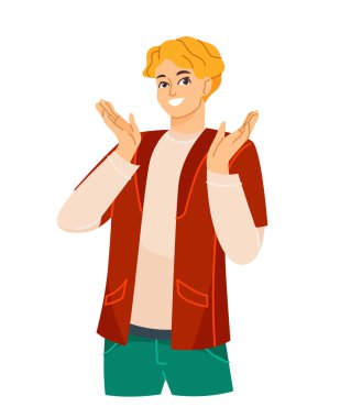 Gülümseyen mutlu insan. Neşeli gülen genç adam olumlu duygular ve alkışlar ifade eder. Neşeli, mutlu karakter başarıyı kutlar. Çizgi film düz vektör çizimi beyaz arkaplanda izole edildi