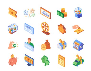 Piyango bağlantılı renkli ikonlar. Piyango talihlisi, piyango talihlisi, nakit para ödülü, piyango, çarkıfelek ve ikramiye. Karikatür izometrik vektör koleksiyonu beyaz arkaplanda izole edildi