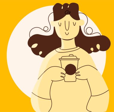 Restoran müşterisi. Tatmin olmuş kahve dükkanı ziyaretçisinin fincandan sıcak kahve içtiği parlak el çizimi posteri. İçecekle tatlı bir kız. Çizgi film düz vektör çizimi