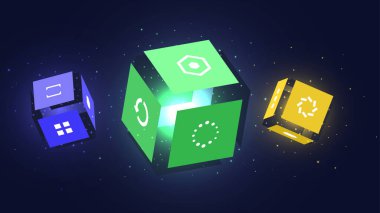 Küp konseptli bir afiş. Yapay zeka ve makine öğrenimi. Yeşil, mavi ve sarı nesneler. Modern teknolojiler ve yenilikler. Karikatür izometrik vektör çizimi