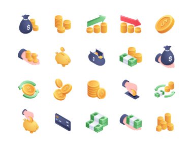 Sikkeler izometrik simgeler ayarlandı. Finansal işgal ve ekonomi. Pasif gelir ve kazanç. Bütçe ve muhasebe, ticaret. Çizgi film 3 boyutlu vektör koleksiyonu beyaz arkaplanda izole edildi