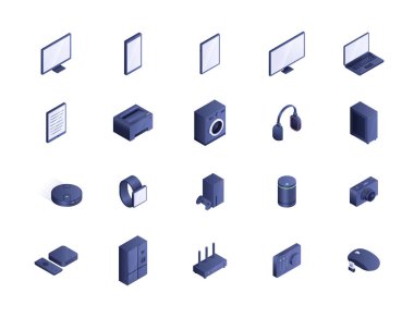 Aygıt izometrik simgeleri ayarlandı. Kulaklık, hoparlör, bilgisayar ve dizüstü bilgisayar monitörü. Oyun alanı ve kumanda paneli, joystick. Çizgi film 3 boyutlu vektör koleksiyonu beyaz arkaplanda izole edildi