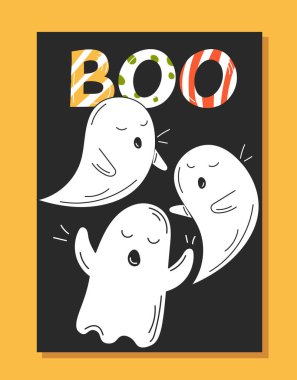 Cadılar Bayramı tebrik kartı. Kutsal yazıtlı hayaletler ve ruhlar. Hayal gücü ve hayal gücü. Korku ve dehşetin bayramı. Çizgi film düz vektör çizimi sarı arkaplanda izole edildi