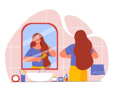 Sabah rutini olan bir kadın. Aynanın yanında saç tarağı olan genç bir kız. Banyoda temizlik ve temizlik var. Deri ve saç bakımı. Çizgi film düz vektör çizimi beyaz arkaplanda izole edildi