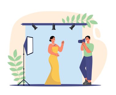 Stüdyo konseptinde fotoğraf çekimi. Erkek fotoğrafçı kadının fotoğrafını çekiyor. Kameralı genç adam şık bir kızın fotoğrafını çekiyor. Estetik ve zarafet. Çizgi film düz vektör çizimi