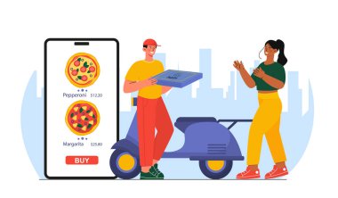 Pizza teslimatı. Kurye kadınlar için fast food taşır. Akıllı telefon ve scooter 'ın yanında üniformalı bir adam. Margarita ve peperoni. İnternetten alışveriş ve sipariş. Çizgi film düz vektör çizimi