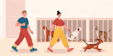 Köpek barınağı konsepti. Erkek ve kadın köpekleri ve hayvanları evlat ediniyor. Eylemciler ve gönüllüler. Nezaket ve cömertlik. Evcil hayvan tasmalı bir aile. Çizgi film düz vektör çizimi
