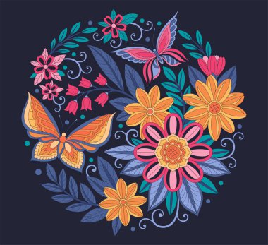 Kelebek çiçeği kompozisyon konsepti. Renkli kanatlı böceklerle çiçek ve çiçek açan bitkiler. Web sitesi afişi ya da afişi. Çizgi film düz vektör çizimi mavi arkaplanda izole edildi