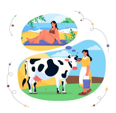 Milkmaid dream about sea. Woman with bucket staand near cow and think about vacation. Travel to tropical and exotic countries. Cartoon flat vector illustration isolated on white background clipart