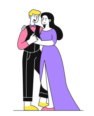 Dans eden çift karalama konsepti. Kadın ve erkek tango ve bale yapıyor. Aşk ve ilgi, romantizm. Web sitesi için grafik ögesi. Basit düz vektör çizimi beyaz arkaplanda izole edildi