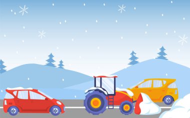 Kar fırtınasında yol. Arabalar ve traktörler tepelerin yakınındaki otoyolda Noel ağacıyla birlikte. Soğuk hava ve kar yağışlı kış mevsimi. Güzel doğal manzara. Çizgi film düz vektör çizimi