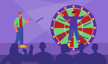 Bıçak atıcıları konsept gösterir. Eğlence, eğlence ve eğlence. Sahnede iki aktör oynuyor. Sirk sahnesinde asistanı olan illüzyonist ve sihirbaz. Çizgi film düz vektör çizimi