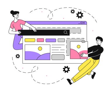 UX UI tasarımcısı doğrusal. Erkek ve kadın web sitesi şablonu geliştiriyorlar. Serbest çalışan ve uzaktan kumandalı işçiler ortak bir projede çalışıyorlar. Basit düz vektör çizimi beyaz arkaplanda izole edildi