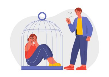 Akli dengesi bozuk bir kadın. Kafeste oturan genç kız. Adam kız arkadaşına bağırıyor. Ailede aile içi şiddet. Psikolojik sorunlar. Çizgi film düz vektör çizimi beyaz arkaplanda izole edildi