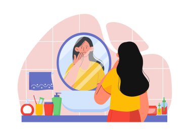 Sivilceli bir kadın. Aynanın yanındaki genç kız. Cildine ve yüzüne önem ver. Güzellik prosedürleri içeride. Losyonlu ve kremli bir karakter. Çizgi film düz vektör çizimi beyaz arkaplanda izole edildi