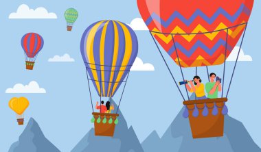 Hava balonu uçuş konsepti. Teleskoplu ve dürbünlü kadın ve erkekler. Seyahat ve seyahat, tatiller ve tatiller. Romantik buluşma ve gökyüzünde buluşma. Çizgi film düz vektör çizimi