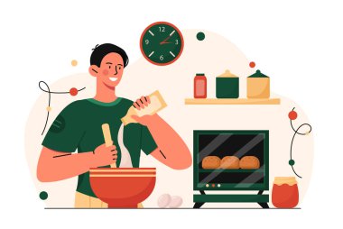 Ekmek pişirme konsepti. Fırın ve pasta. Ev yapımı ürünler ve yemek hazırlama. Tatlı ve lezzet. Mutfakta parası olan genç bir adam. Çizgi film düz vektör çizimi beyaz arkaplanda izole edildi