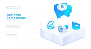 İş bileşenleri beyaz poster. Yatırım, ticaret ve ekonomi. Para, fikirler ve pazarlama, promosyon. İstatistikler ve diyagramlar. İniş web sayfası tasarımı. Neon izometrik vektör çizimi