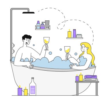 Banyo sade bir çift rahatlama. Tuvalette alkollü içkileri olan kadın ve erkek. Jakuzide şampanya eşliğinde. Dinlen ve iyi ol. Beyaz arkaplanda izole edilmiş doğrusal düz vektör çizimi
