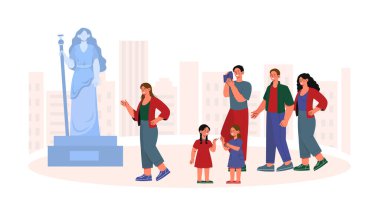 Gezintideki insanlar. Mermer heykelin yanında çocuklu kadın ve erkekler. Galeri ve müze. Kültürel eğlence, yaşam tarzı ve dinlenme. Çizgi film düz vektör çizimi beyaz arkaplanda izole edildi