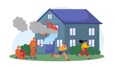 İtfaiyecilerden oluşan bir ekip evin yakınında. Tehlikeli durum, kaza ve felaket. Koruyucu üniformalı kurtarma görevlileri su hortumuyla. Çizgi film düz vektör çizimi beyaz arkaplanda izole edildi