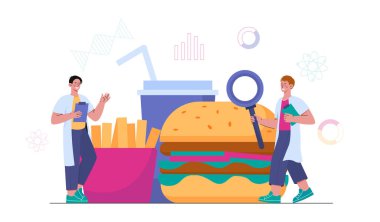 Abur cubur araştırması. Sıhhiye üniformalı adamlar ellerinde büyüteçle yemek yiyorlar. Hamburger, soda ve patates kızartmalı doktorlar. Çizgi film düz vektör çizimi beyaz arkaplanda izole edildi