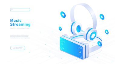 Beyaz müzik afişi. Müzik listeli kulaklıklar. Akıllı telefon ya da oyuncuya kablosuz bağlantı. İnternette şarkıları olan bir servis. İniş web sayfası tasarımı. Neon izometrik vektör çizimi