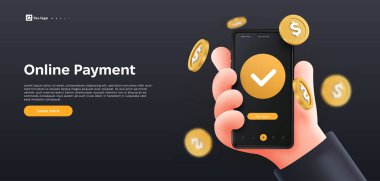 Çevrimiçi ödeme posteri. Mobil bankacılık uygulamalı akıllı telefon. Telefon ve altın sikkeleri olan bir iş adamı. Ekonomi ve bütçe. İniş web sayfası tasarımı. Karikatür izometrik vektör çizimi