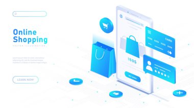Çevrimiçi beyaz alışveriş afişi. Alışveriş çantalı akıllı telefon. Dijital aktarımlar ve işlemler için elektronik cüzdan. Eve teslim. İniş web sayfası tasarımı. Neon izometrik vektör çizimi