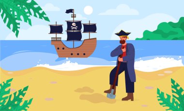 Korsan hazineleri arıyor. Kürekli bir adam geminin arka planında kum kazıyor. Deniz yolculukları ve maceralar. Altın sikkeli sandık arayan bir adam. Çizgi film düz vektör çizimi