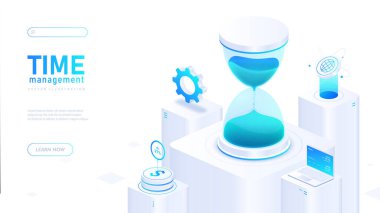 Zaman yönetimi beyaz posteri. Planlama, planlama ve strateji. Motivasyon ve liderlik, başarı. İniş web sayfası tasarımı. Beyaz arkaplanda izole edilmiş neon izometrik vektör çizimi