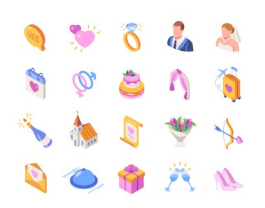 Düğünle ilgili ikonlar. Evlilik ve nişan. Gelin, damat, kalp, alyans, balayı ve hediyeli renkli tabelalar. Karikatür izometrik vektör koleksiyonu beyaz arkaplanda izole edildi