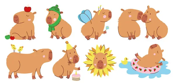 Bir takım şirin kapibaralar. Dışarıda yüzen, havuzda yüzen ve pasta yiyen sevimli Capybara karakteri. Komik hayvanlı çıkartmalar. Çizgi film düz vektör çizimi beyaz arkaplanda izole edildi
