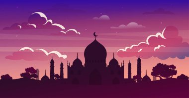 Arap şehri silueti konsepti. Günbatımında ya da gündoğumunda Doğu Asya mimarisi. Güzel bir Arap manzarası ve manzarası. Büyük kubbeli bir cami. Poster ya da afiş. Çizgi film düz vektör çizimi