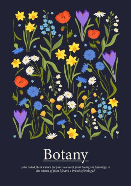 Botanik poster konsepti. Çiçekler, bitkiler ve çiçekler. Botanik broşürü, broşür ya da broşür. Sarı, mor ve kırmızı çiçekler. Poster ya da afiş. Çizgi film düz vektör çizimi