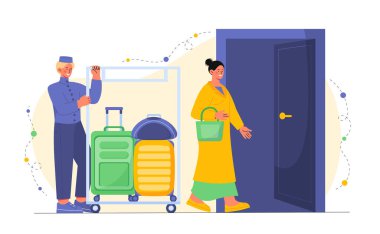 Müşteri ile otel çalışanı. Turistin yanında yeşil ve sarı valizli bir adam var. Tropikal ve egzotik ülkelerde tatil ve tatil. Çizgi film düz vektör çizimi beyaz arkaplanda izole edildi