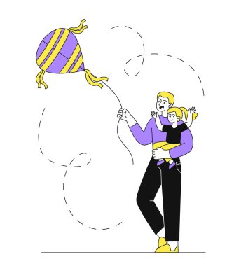 Uçurtma doğrusal uçan insanlar. Dışarıda elinde oyuncak olan bir adam ve kız. Baba ve kızı birlikte vakit geçiriyorlar. Eğlence ve rahatlık. Beyaz arkaplanda karalama düz vektör çizimi izole