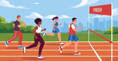 Yarışma konsepti. Erkekler ve kadınlar bitiş çizgisine koşar. Aktif yaşam tarzı ve spor. Turnuva ve şampiyonada sporcular. Açık havada kardiyo çalışması. Çizgi film düz vektör çizimi