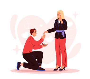 Aşık bir çift. Erkek kadına evlenme teklif eder. Genç adam altın yüzüğü elmasla verdi. Romantik aktivite ve randevu. Damat ve gelin. Çizgi film düz vektör çizimi beyaz arkaplanda izole edildi