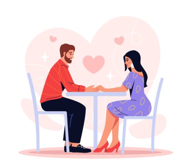 Aşık bir çift. Kafe veya restorandaki kadın ve erkek. Romantik aktivite ve randevu. Damat ve gelin. Poster ya da afiş. Çizgi film düz vektör çizimi beyaz arkaplanda izole edildi