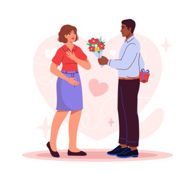 Aşık bir çift. Erkek kadına buket verir. Çiçekler ve hediye. Romantik aktivite ve randevu. Damat ve gelin. Poster ya da afiş. Çizgi film düz vektör çizimi beyaz arkaplanda izole edildi