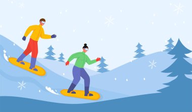 Snowboardcular doğada. Ekstrem spor ve aktif yaşam tarzı olan kadın ve erkek. Dışarıda snowboard yapan insanlar. Ormandaki ağaçlı genç adam ve kız. Çizgi film düz vektör çizimi