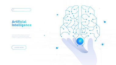 Yapay zeka beyaz posteri. Yapay zeka ve makine öğrenimi. Beyni olan el. İniş web sayfası tasarımı. Beyaz arkaplanda izole edilmiş neon vektör çizimi
