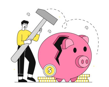 Kırık domuz kumbarası. Altın sikkelerin yanında çekiçli bir adam. Bütçe, muhasebe, tasarruf. Finansal okuryazarlık ve pasif gelir. Basit düz vektör çizimi beyaz arkaplanda izole edildi