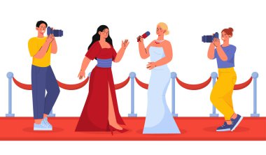 Kırmızı halıda ünlüler. Paparazzilerin yanındaki kırmızı beyaz elbiseli kadınlar. Ünlü insanlar. Film yıldızları, müzisyenler ve medya ile sanatçılar. Çizgi film düz vektör çizimi beyaz arkaplanda izole edildi