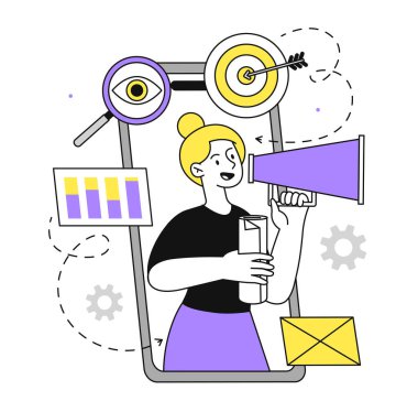 Bağlamsal reklamcılık basit bir hedef. Hoparlörlü kadın akıllı telefon ekranının yanında. Reklam ve pazarlama. SMM uzmanı. Beyaz arkaplanda karalama düz vektör çizimi izole