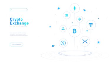 Kripto değiş tokuş afişi. Modern teknolojiler ve yenilikler. Şema ve yapı. Programlama ve bilişim teknolojisi. Beyaz arkaplanda izole edilmiş neon vektör çizimi