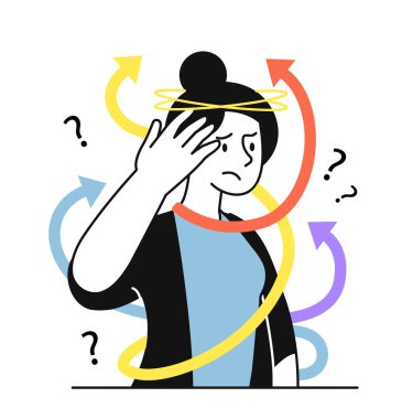 Kararı basit olan bir kadın. Renkli oklarla kafası karışmış genç bir kız. Mantıklı bir süreç. Sorunu çöz ve çöz. Beyaz arkaplanda karalama düz vektör çizimi izole